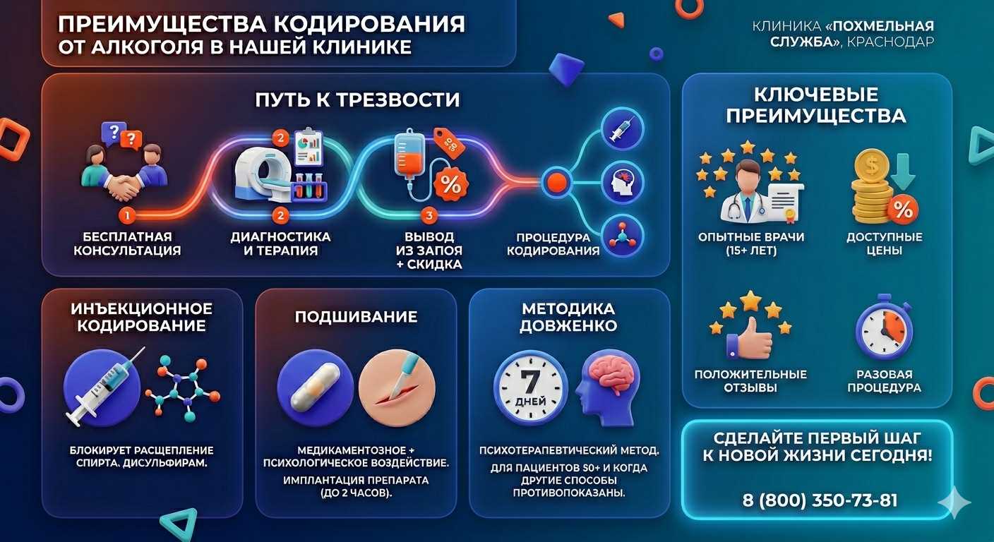 Инфографика о методах кодирования от алкоголя в Калаче-на-Дону: инъекции, подшивание, метод Довженко. Преимущества клиники и этапы лечения.