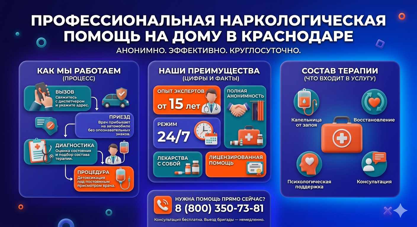 Инфографика о принципах лечения алкоголизма на дому в Калаче-на-Дону: этапы вызова нарколога, преимущества анонимной детоксикации и состав медицинской помощи.
